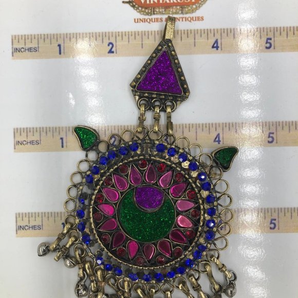 Afghan Vintage Multicolor Glass Stones teeka, Massive teeka With Dangling Bells